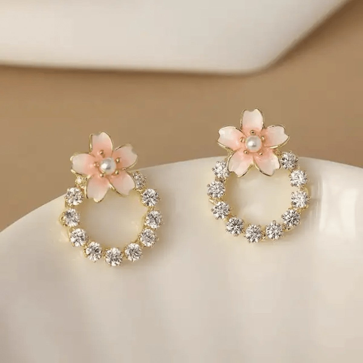 TITLIYA peach flower stud earrings with a crystal-encrusted circular hoop and central pearl accent for elegant wear.