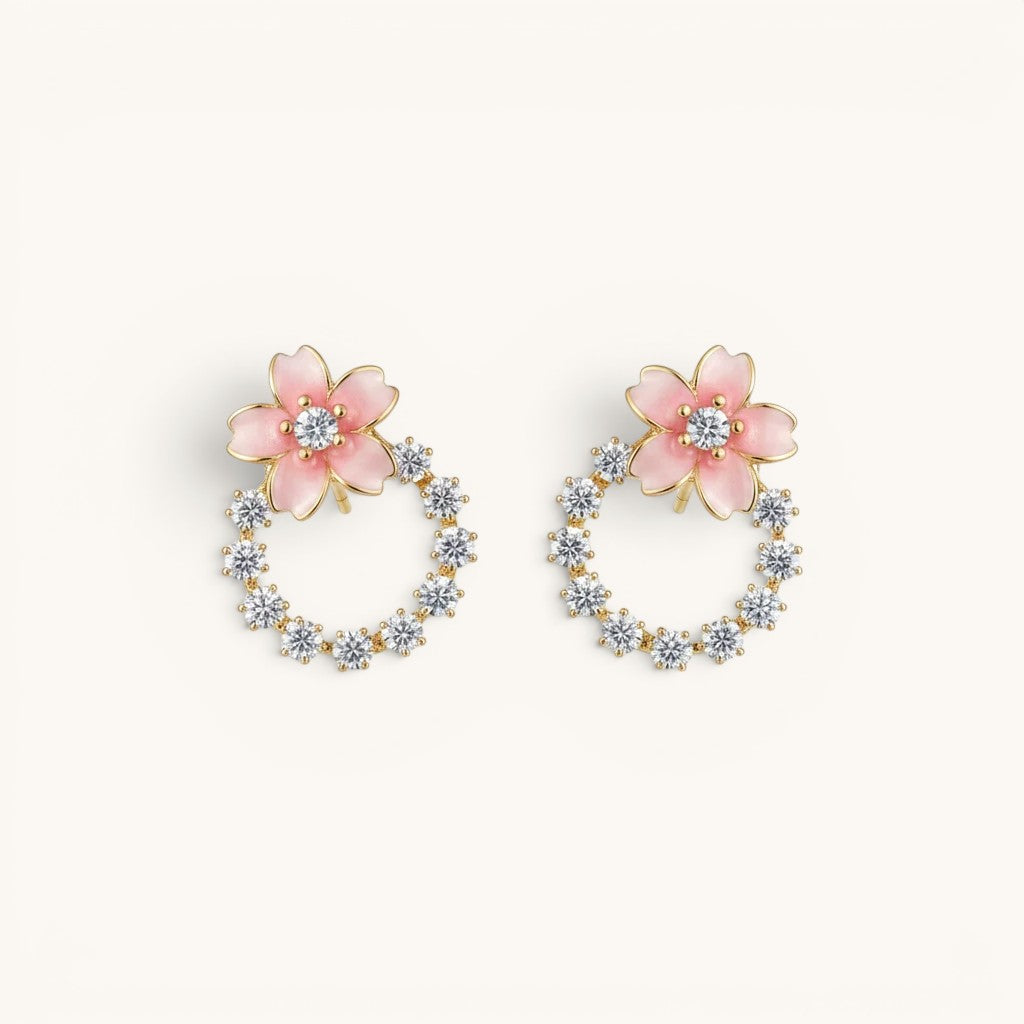 TITLIYA peach flower earrings featuring a circular crystal hoop design, perfect for elegant daily wear.
