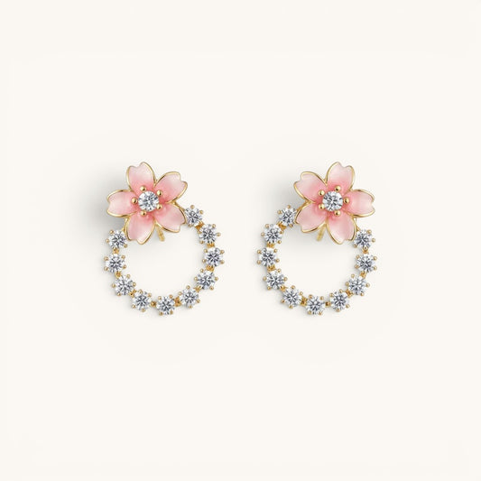 TITLIYA peach flower earrings featuring a circular crystal hoop design, perfect for elegant daily wear.