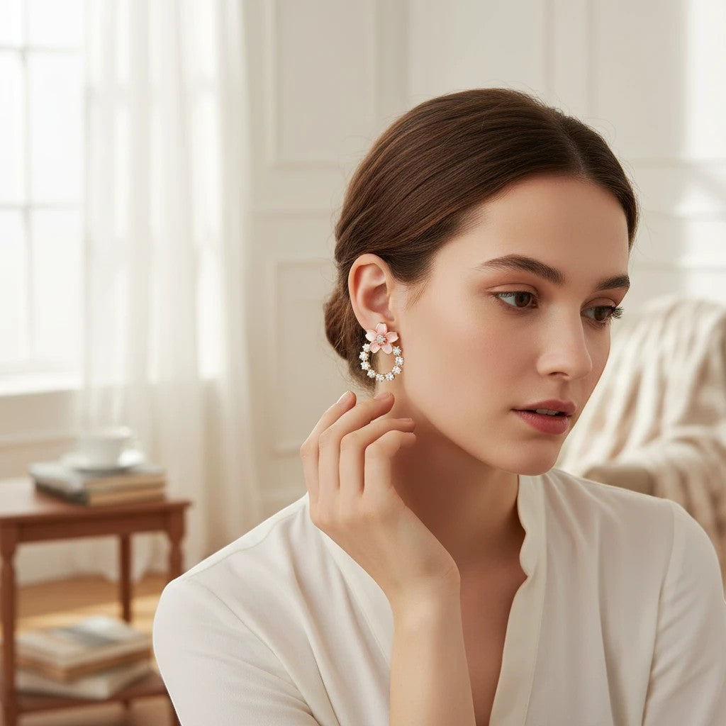 Model wearing TITLIYA peach flower and crystal round earrings in a bright, elegant indoor setting.