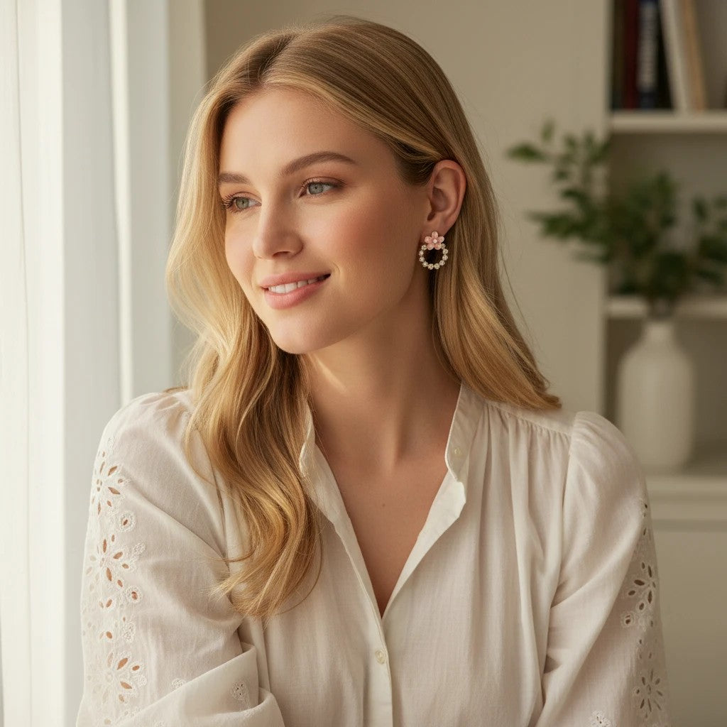 Woman wearing TITLIYA peach round crystal flower earrings with a white blouse in a bright indoor setting.