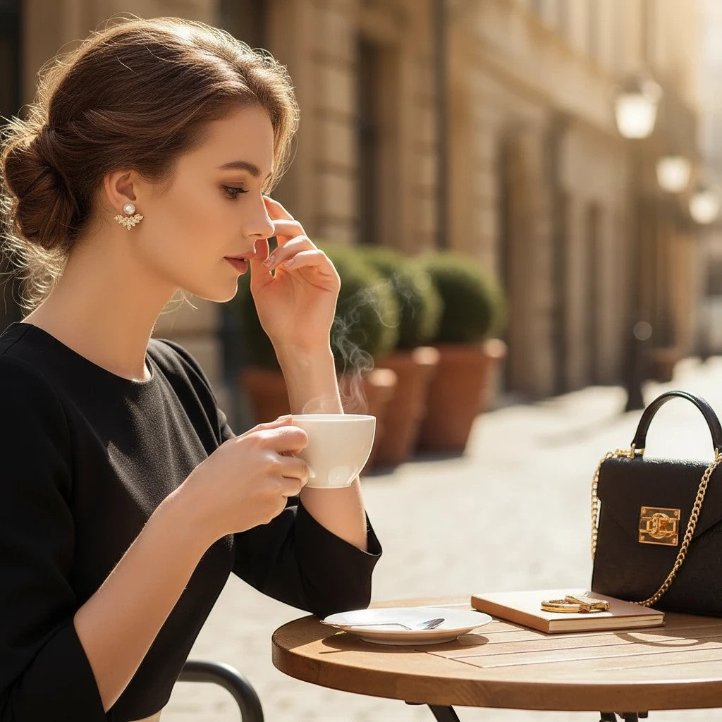 Woman wearing TITLIYA pear leaf Korean stud earrings with a pearl and gold leaf design while drinking coffee outdoors.