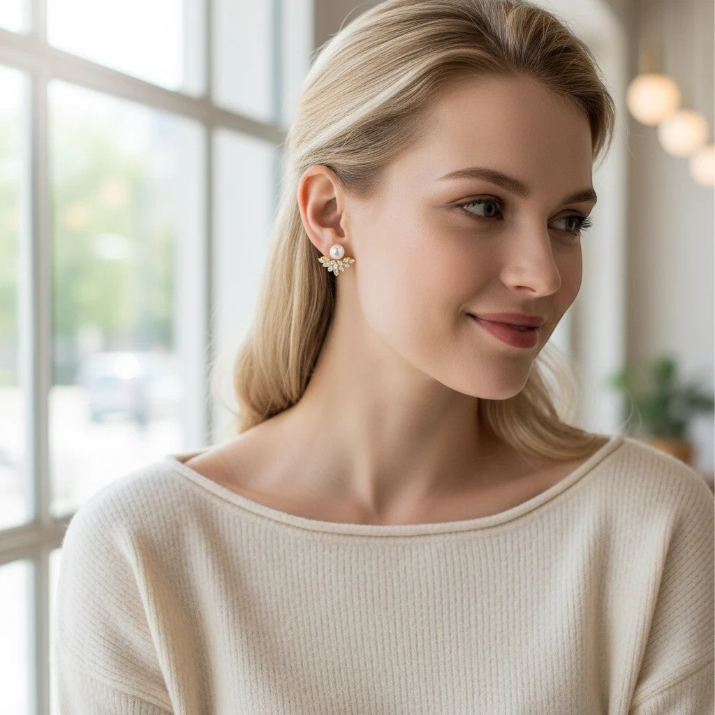 Woman wearing TITLIYA Pear Leaf Korean stud earrings with pearl and crystal accents in a bright, elegant setting.