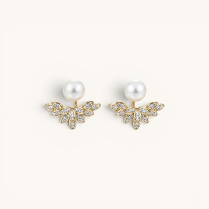 TITLIYA gold-tone pear leaf Korean stud earrings featuring white pearls and sparkling crystal accents.