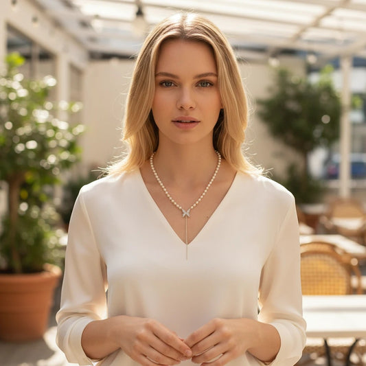 Model wearing a TITLIYA Korean-style pearl necklace with a delicate butterfly pendant on a white V-neck blouse.