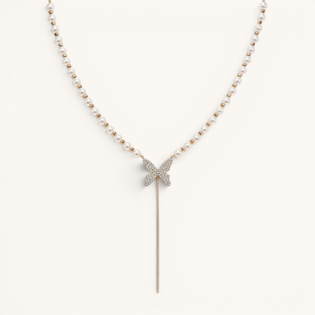TITLIYA Korean style necklace featuring a delicate pearl chain and a sparkling crystal butterfly pendant.