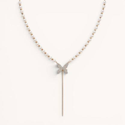 TITLIYA Korean style necklace featuring a delicate pearl chain and a sparkling crystal butterfly pendant.