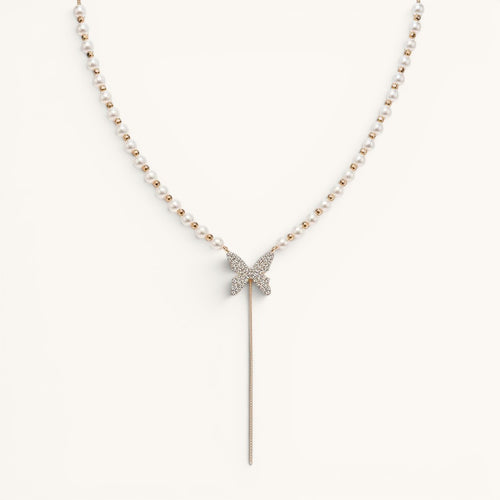 TITLIYA Korean style necklace featuring a delicate pearl chain and a sparkling crystal butterfly pendant.