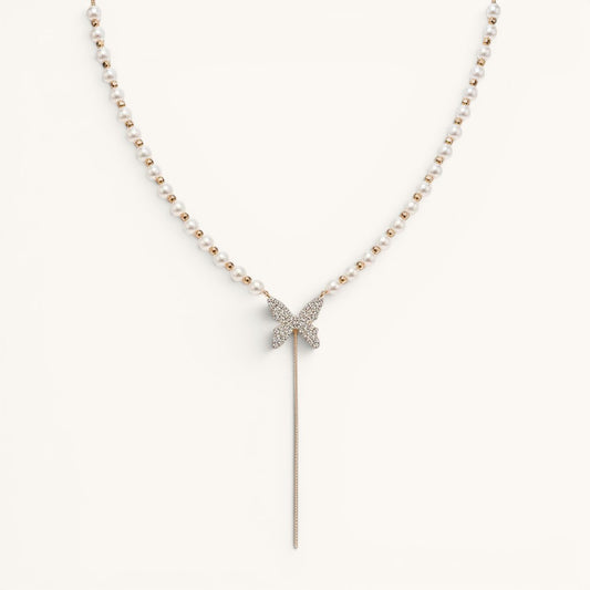 TITLIYA Korean style necklace featuring a delicate pearl chain and a sparkling crystal butterfly pendant.