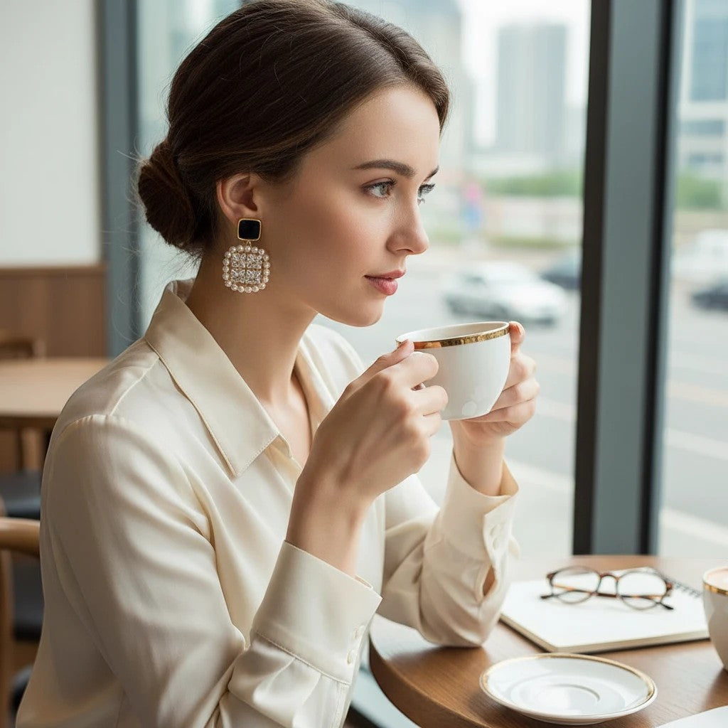 Woman wearing TITLIYA premium square crystal and pearl earrings while drinking coffee in a cafe.