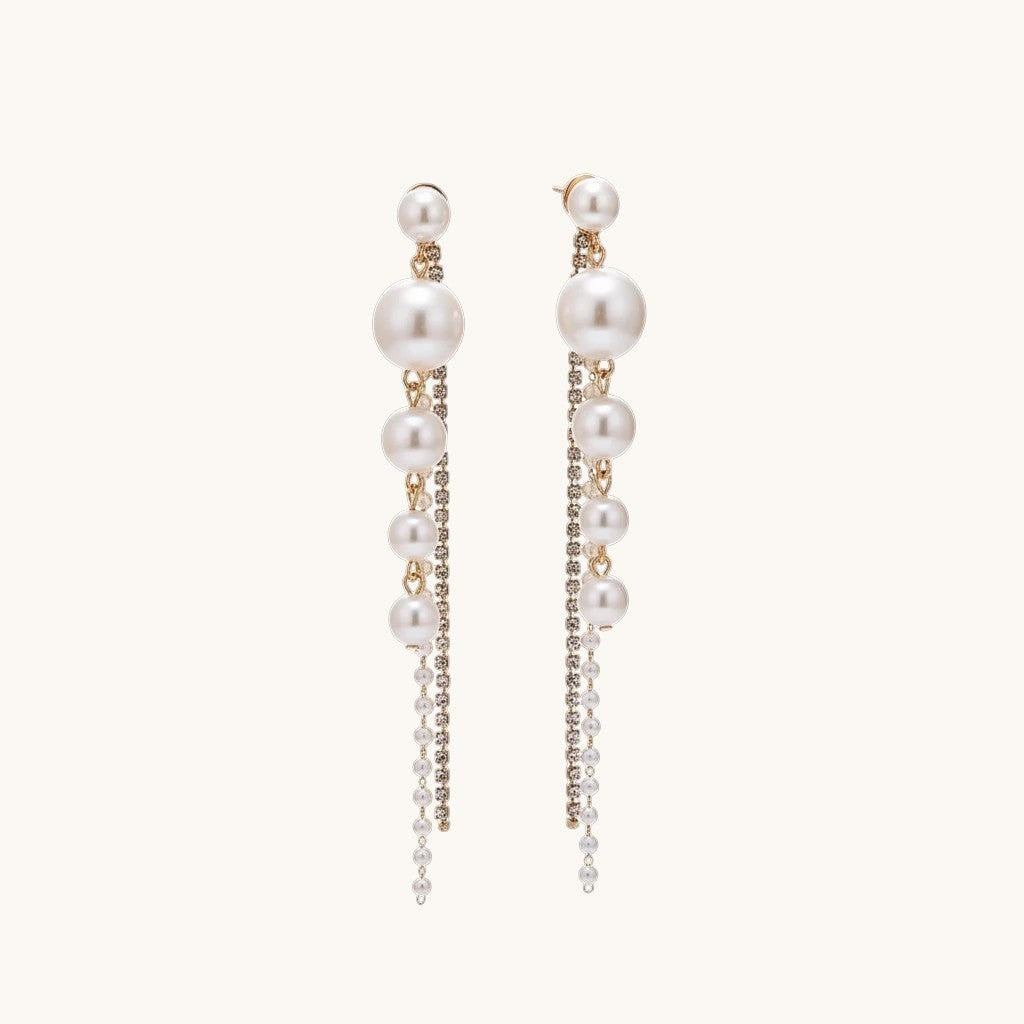 TITLIYA elegant gold-tone Korean drop earrings featuring cascading white pearls and delicate crystal chains.