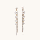 TITLIYA elegant gold-tone Korean drop earrings featuring cascading white pearls and delicate crystal chains.
