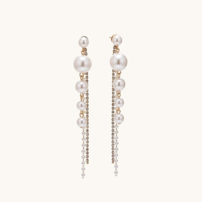 TITLIYA elegant gold-tone Korean drop earrings featuring cascading white pearls and delicate crystal chains.