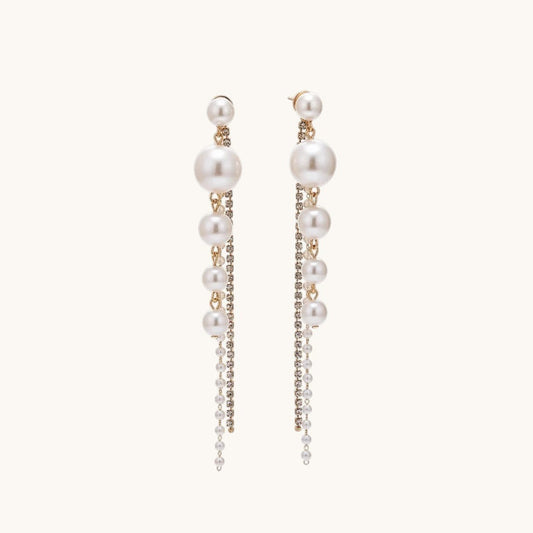 TITLIYA elegant gold-tone Korean drop earrings featuring cascading white pearls and delicate crystal chains.