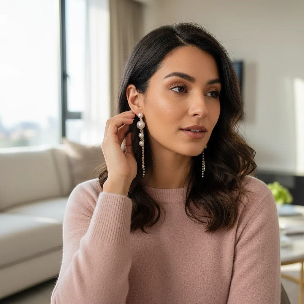 Woman wearing elegant TITLIYA pearl drop Korean hanging earrings with a pink sweater in a bright indoor setting.