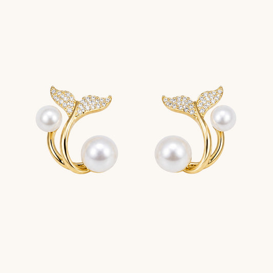 TITLIYA gold-tone whale tail earrings featuring white pearls and sparkling cubic zirconia accents.