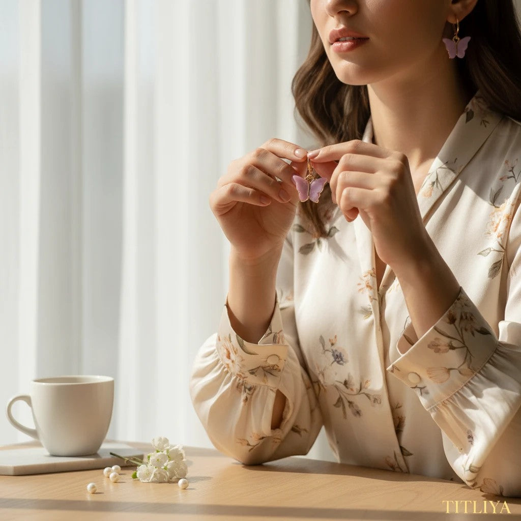 Woman wearing elegant pink butterfly earrings by TITLIYA, perfect for daily wear or gifting.