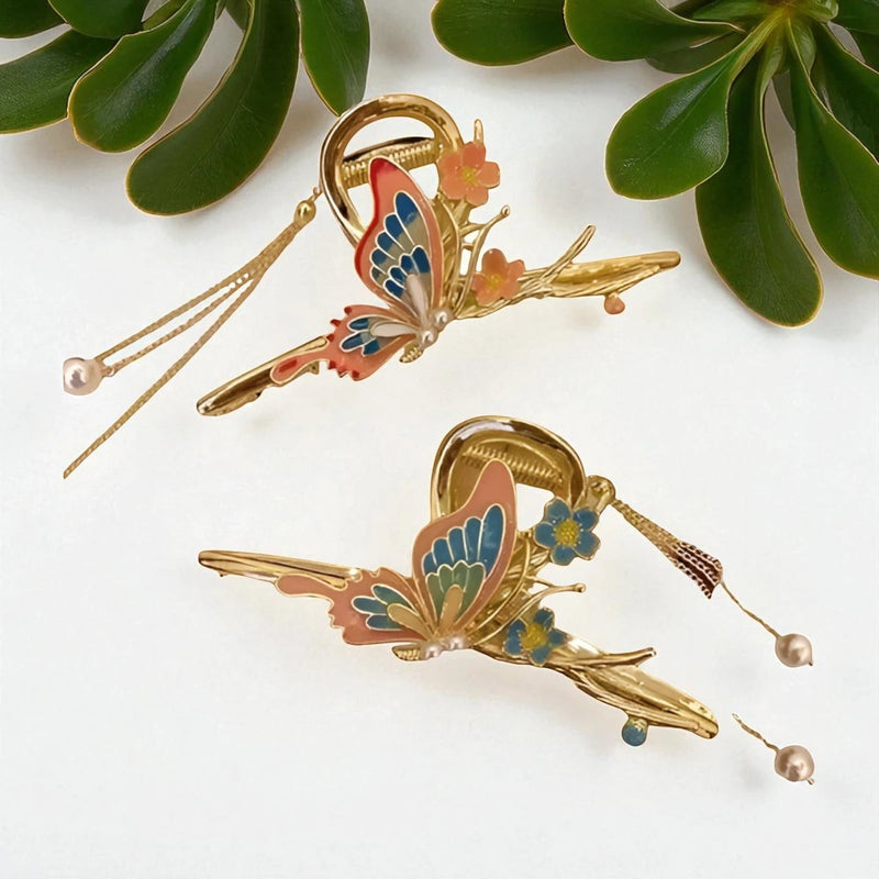 Pink Butterfly Hair Clip – Gold Metal with Pearl Chains