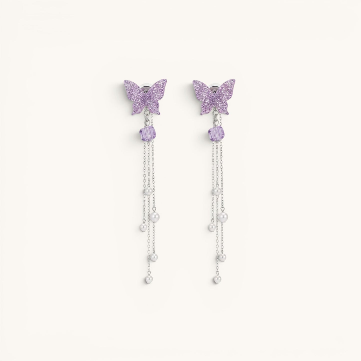 TITLIYA purple butterfly Korean-style drop earrings with silver chains, crystal beads, and pearl accents.