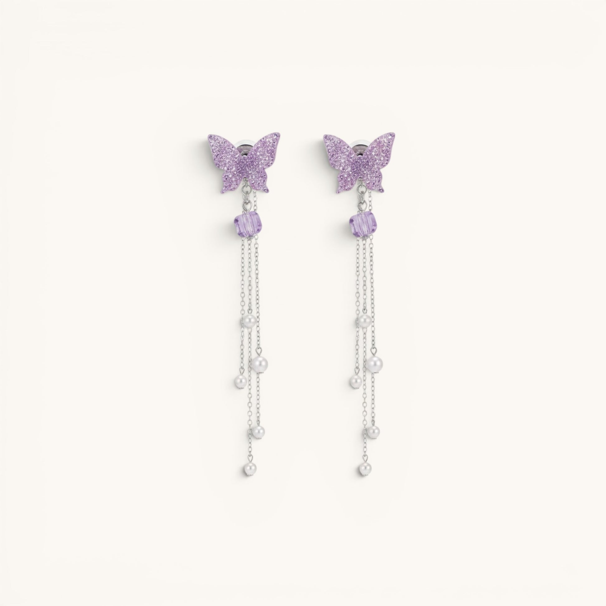 TITLIYA purple butterfly Korean-style drop earrings with silver chains, crystal beads, and pearl accents.