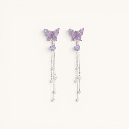 TITLIYA purple butterfly Korean-style drop earrings with silver chains, crystal beads, and pearl accents.