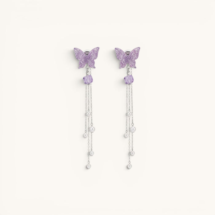 TITLIYA purple butterfly Korean-style drop earrings with silver chains, crystal beads, and pearl accents.