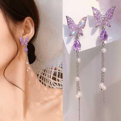 TITLIYA Korean Style Purple Butterfly Crystal Pearl Drop Earrings
