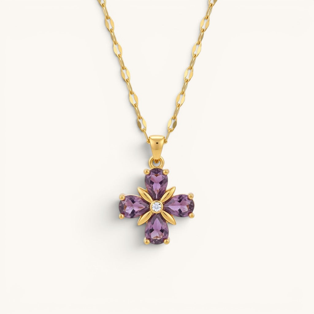 TITLIYA gold necklace featuring a purple stone flower pendant with four teardrop petals and a central diamond accent.