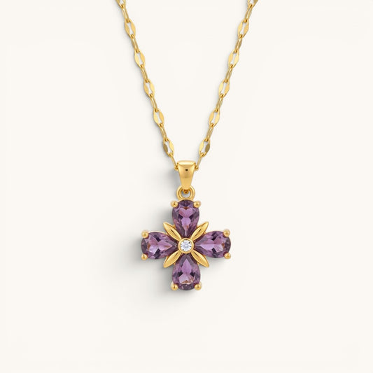 TITLIYA gold necklace featuring a purple stone flower pendant with four teardrop petals and a central diamond accent.