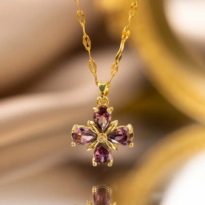 TITLIYA gold-tone necklace featuring a purple stone flower pendant with pear-cut gems for elegant daily wear.