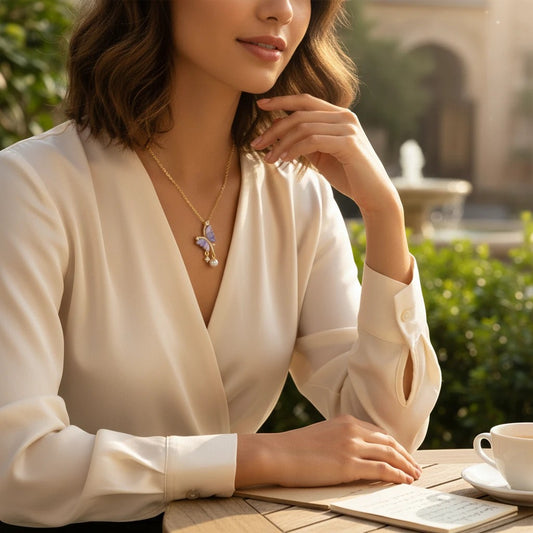 Woman wearing a TITLIYA gold butterfly pendant necklace with purple zircon and a pearl drop at an outdoor cafe.