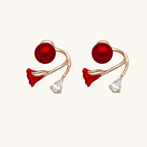 TITLIYA bright red rose-shaped Korean earrings with gold-tone metal, red pearl, and teardrop crystal accents.
