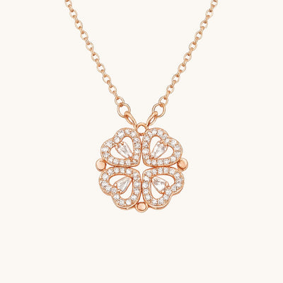 TITLIYA rose gold magnetic four-heart clover pendant necklace with sparkling crystal accents on a delicate chain.