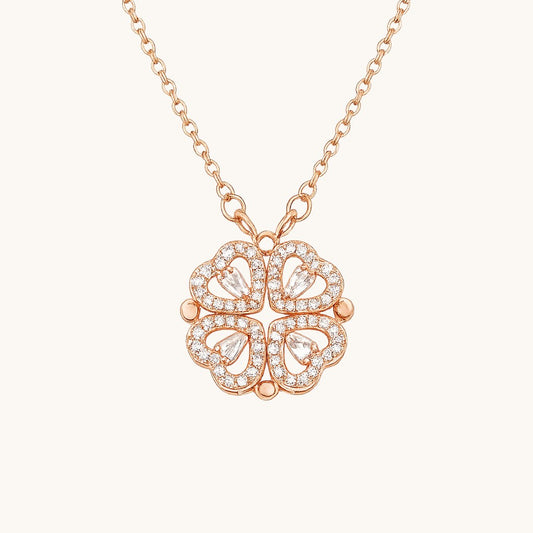 TITLIYA rose gold magnetic four-heart clover pendant necklace with sparkling crystal accents on a delicate chain.