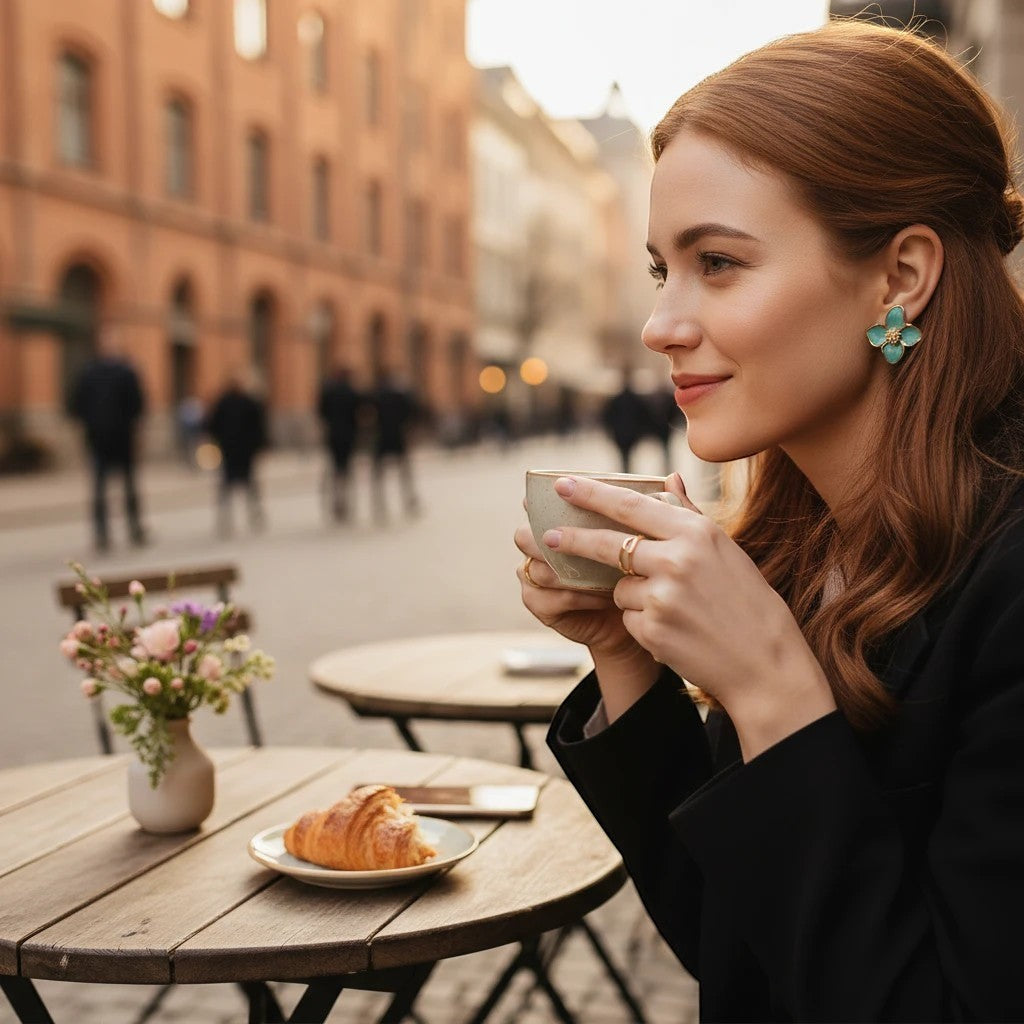 Woman wearing TITLIYA sea green enamel flower stud earrings with gold-tone center at a cafe table.