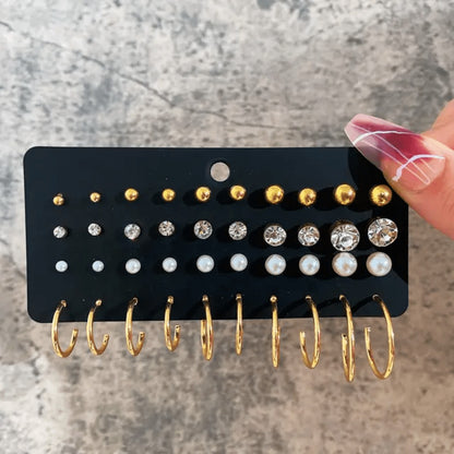 TITLIYA set of 20 gold-tone stud earrings featuring crystals, pearls, and small hoops for versatile daily wear.