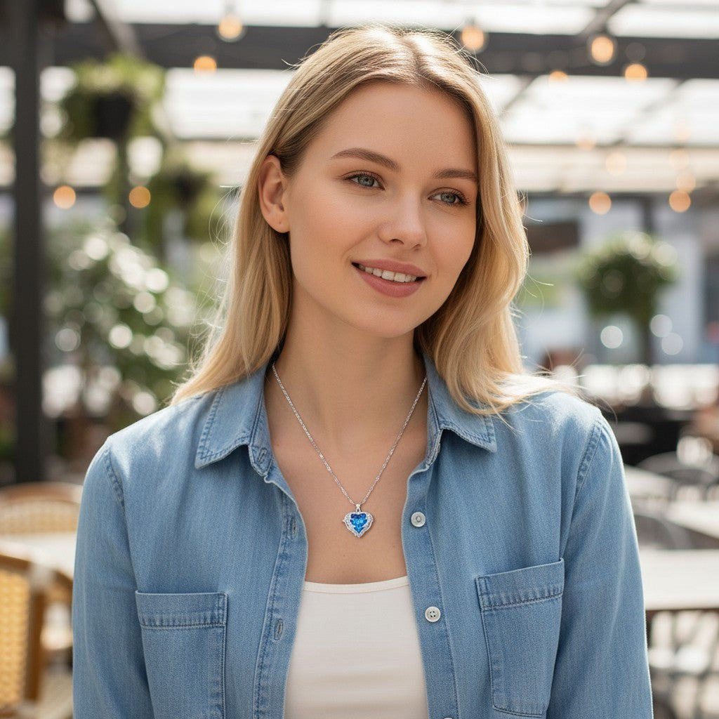 Woman wearing a TITLIYA silver-plated necklace with a blue heart-shaped stone pendant in a casual outdoor setting.