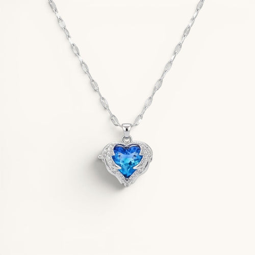 TITLIYA silver plated necklace featuring a blue heart-shaped stone pendant with delicate angel wing accents.