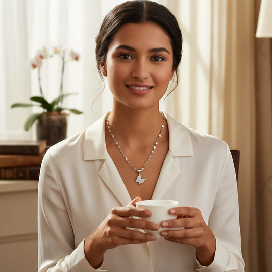 Woman wearing a TITLIYA silver butterfly pendant necklace with a delicate chain, styled with a white blouse.