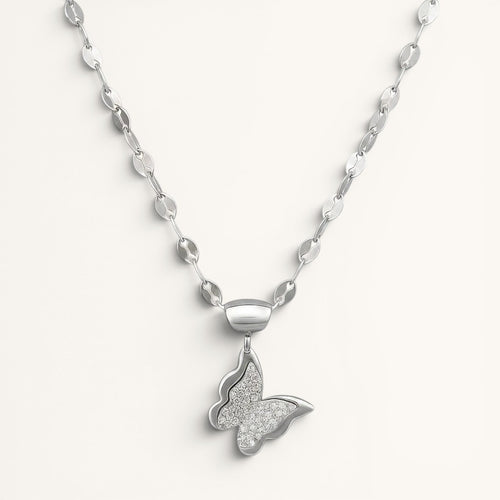 TITLIYA silver butterfly pendant necklace with a textured crystal-embellished wing design on a delicate chain.