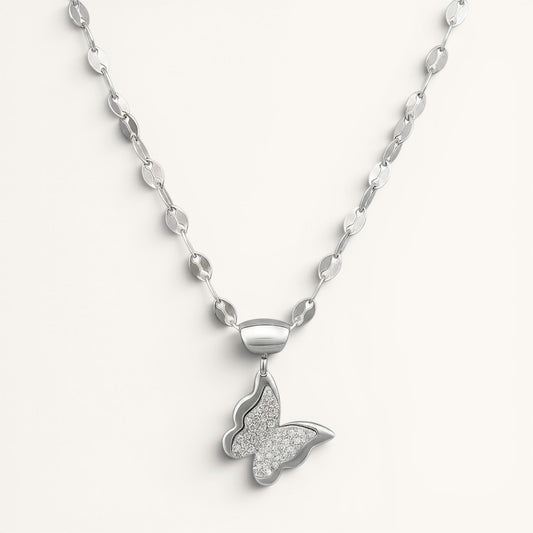 TITLIYA silver butterfly pendant necklace with a textured crystal-embellished wing design on a delicate chain.