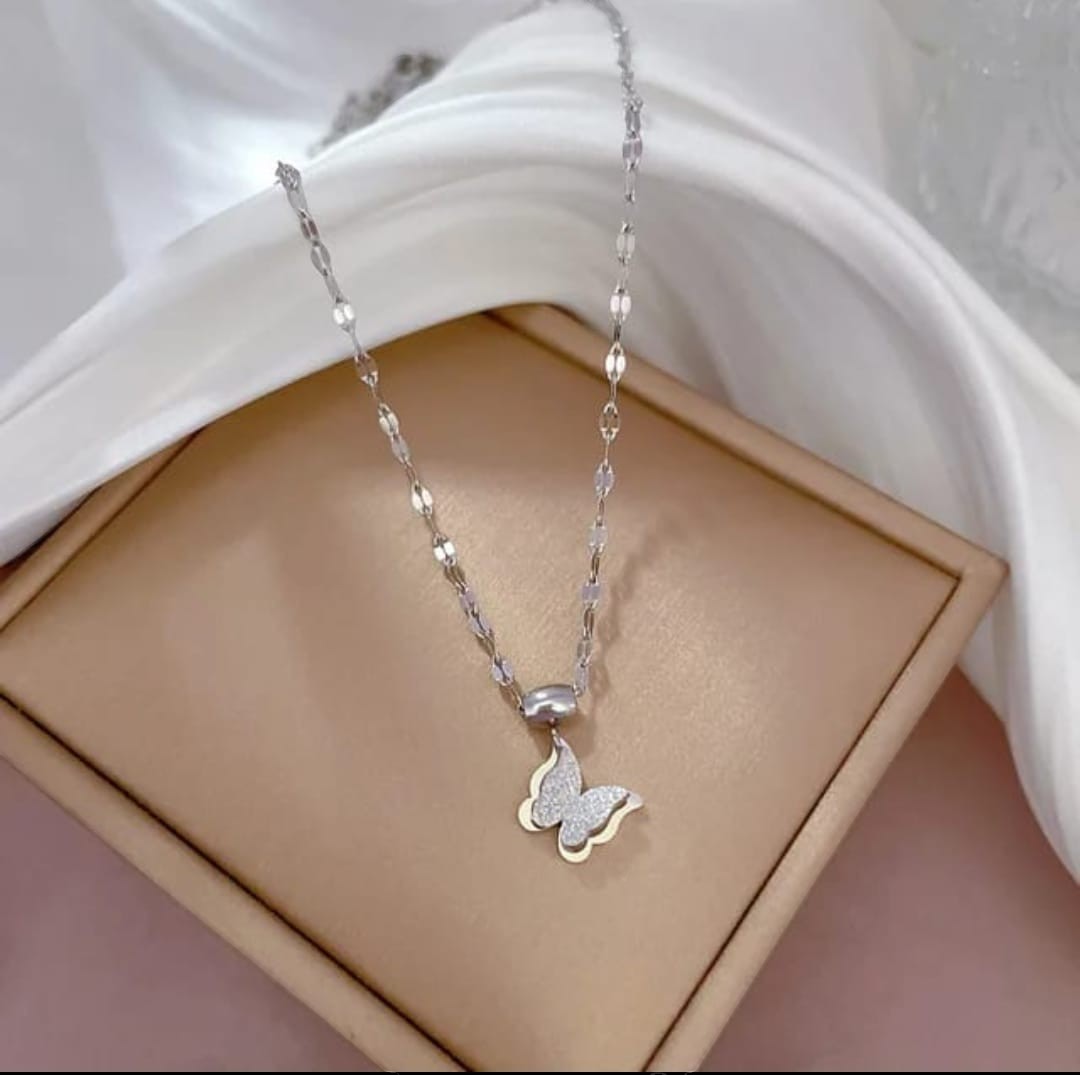 TITLIYA silver butterfly pendant necklace with a delicate chain, featuring a sparkling minimalist design.