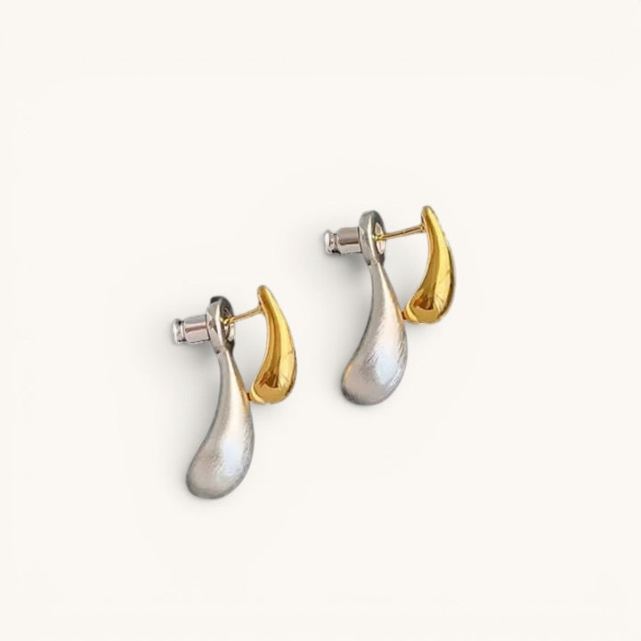 TITLIYA silver and gold double drop earrings featuring a modern teardrop design for elegant daily wear.