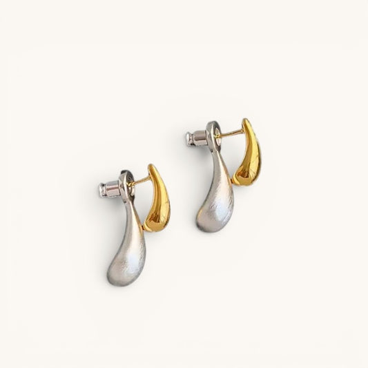 TITLIYA silver and gold double drop earrings featuring a modern teardrop design for elegant daily wear.