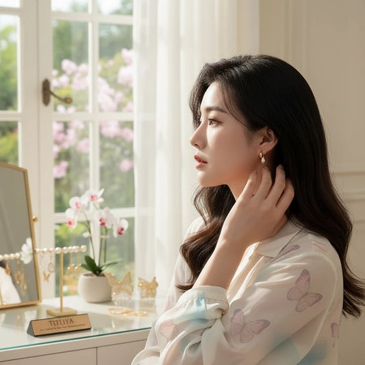 Woman wearing elegant TITLIYA silver and gold double drop earrings, styled for daily wear near a sunlit vanity.