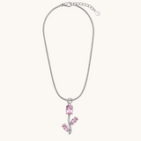 TITLIYA Korean style silver-tone snake chain necklace featuring a delicate tulip pendant with pink oval and leaf stones.