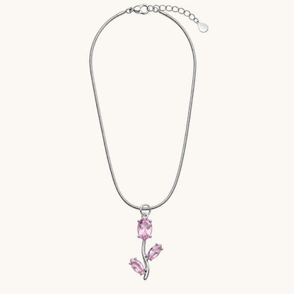 TITLIYA Korean style silver-tone snake chain necklace featuring a delicate tulip pendant with pink oval and leaf stones.