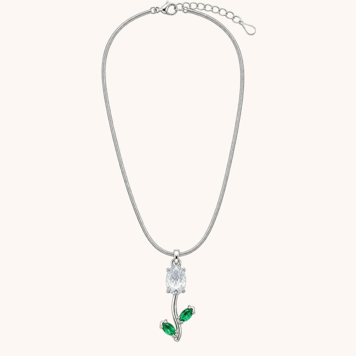 TITLIYA silver-tone snake chain necklace featuring a tulip pendant with a white oval stone and green leaf accents.