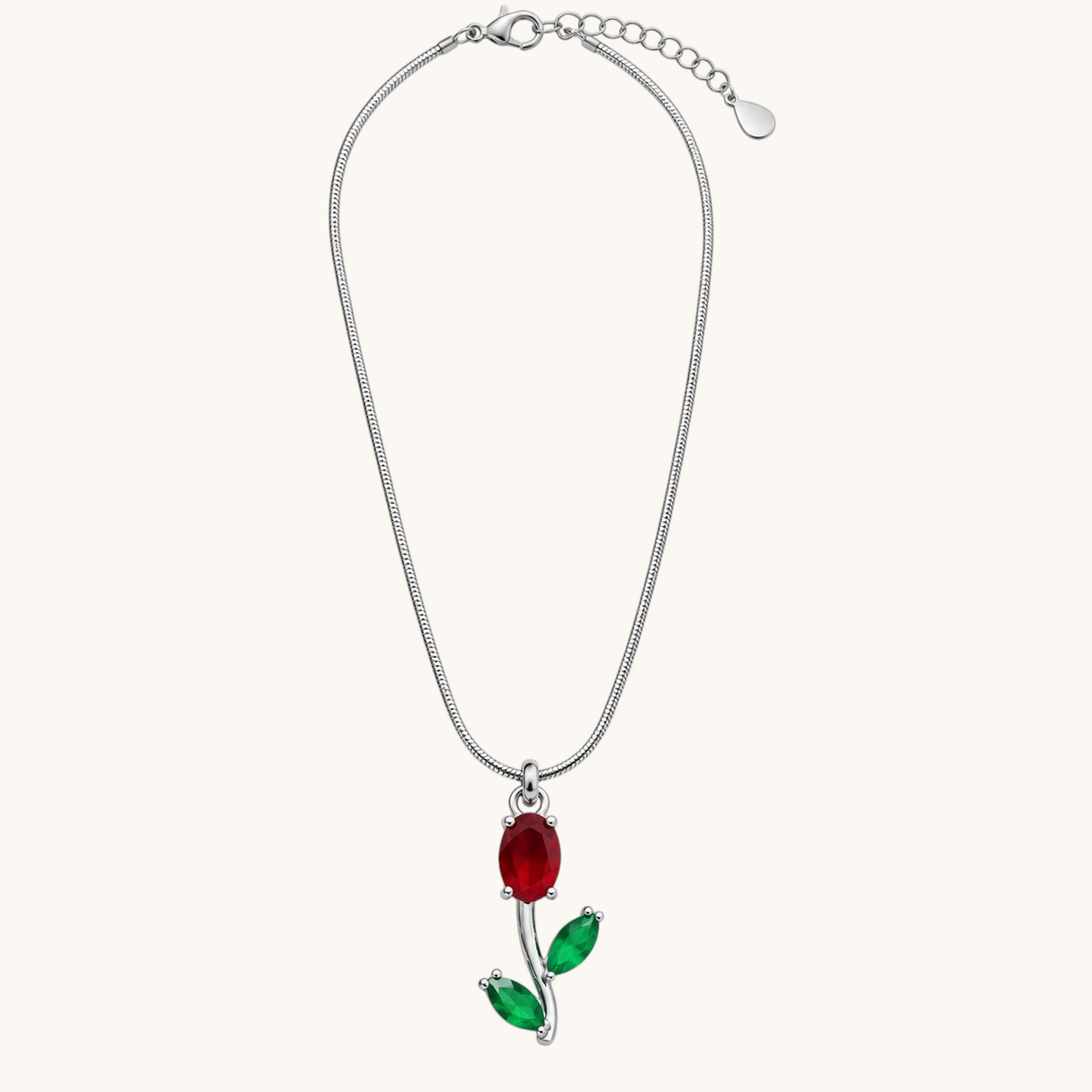 TITLIYA Korean style silver-tone snake chain necklace featuring a red oval tulip pendant with green leaf accents.