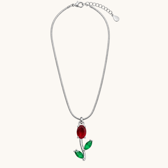 TITLIYA Korean Style Silver Tone Red & Green Tulip Pendant Necklace